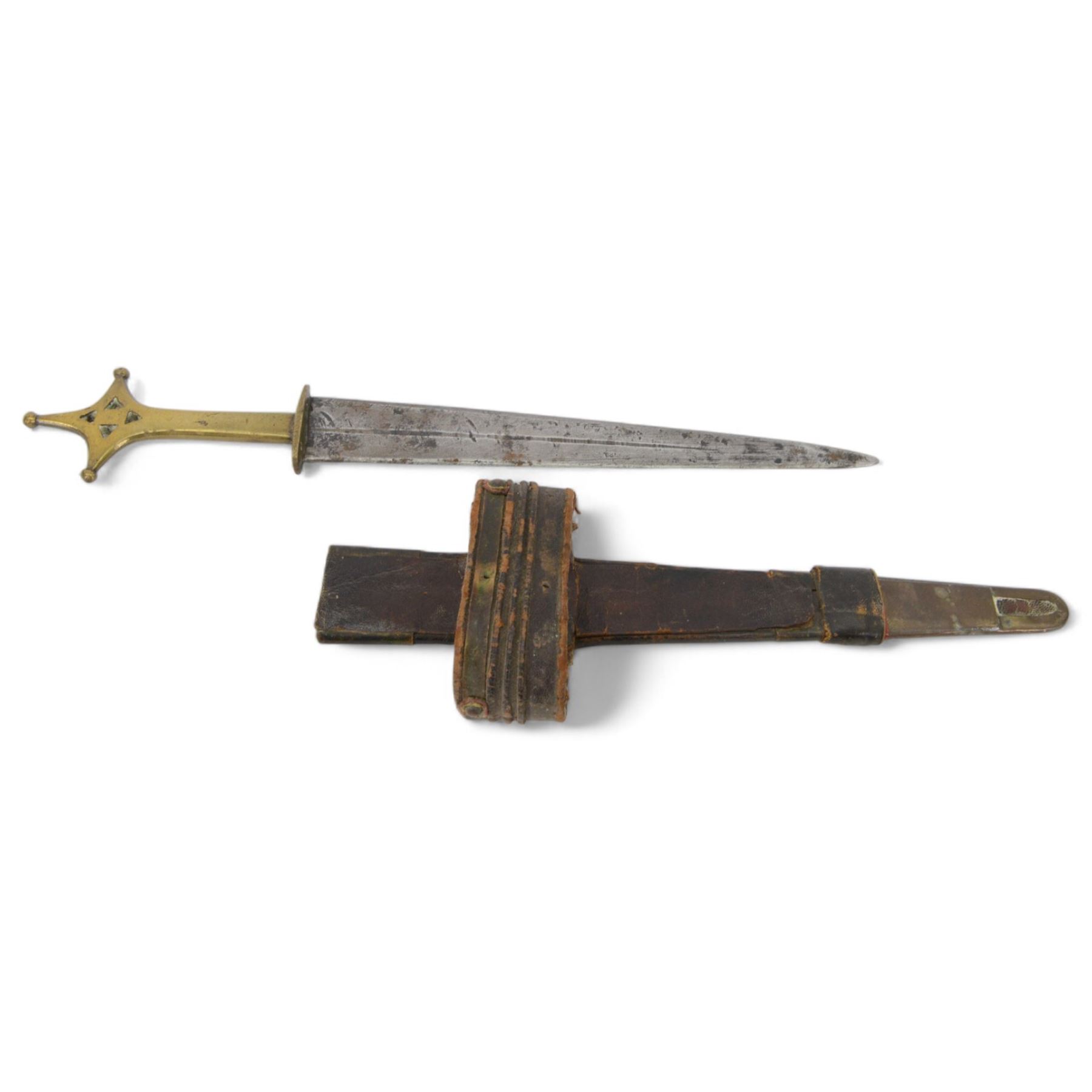 African Sudanese side-arm dagger with brass handle with cross detail, in leather scabbard, together with a collection of swords 