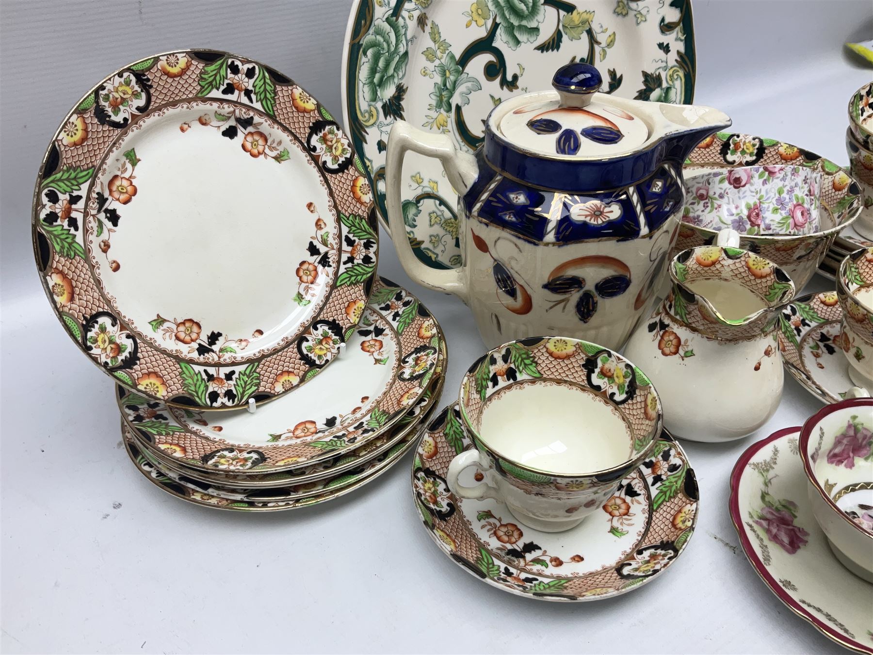 Calais Imari style part tea service, Mason's Chartreuse pattern plate, Arthur Wood Gaudy Welsh style coffee pot, and Victoria Ware teacup and saucer