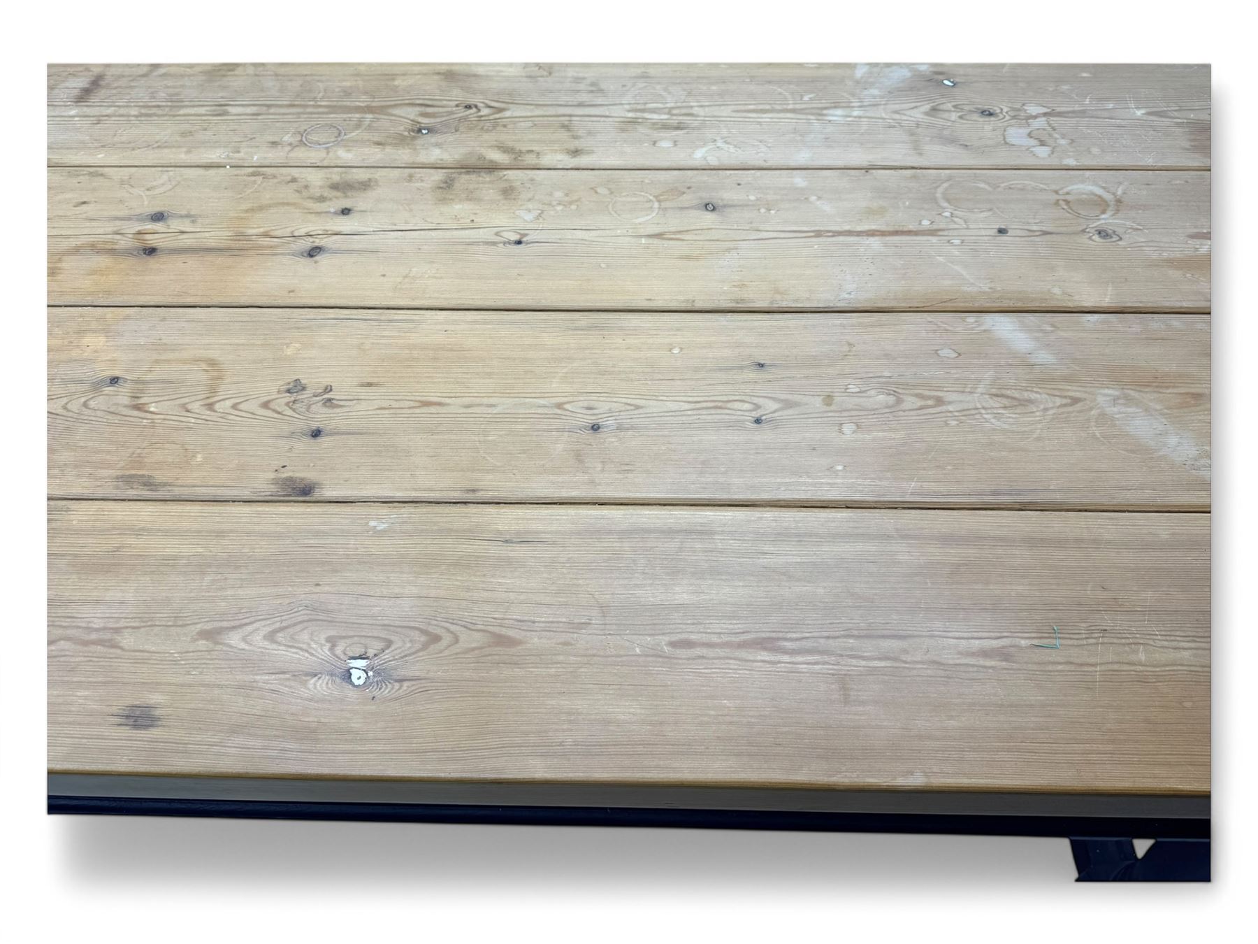 Late 20th century substantial pine refectory table, rectangular four-plank top over an indigo painted base featuring turned supports united by box stretchers