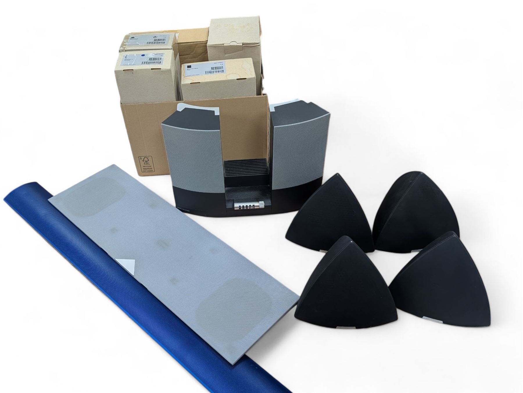 Four Bang & Olufsen Beolab pyramid speakers, Beolab 2000 speakers, two TV frets, phones, etc