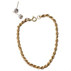 Pair of gold paste set stud earrings and and rope twist bracelet, both hallmarked 9ct