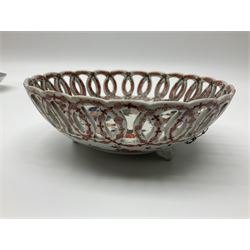 19th century and later Chinese ceramics, to include footed bowl, with hand painted floral and foliate decoration, with pierced lattice work border, upon three bracket feet, together with Chinese export porcelain rice bowl and cover, decorated in enamel with cockerels, against floral and foliate ground, three floral tea bowls and similar plate, largest D17.8cm