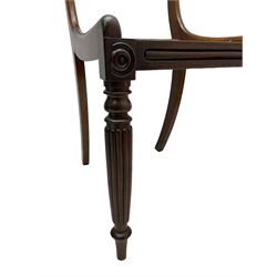 Pair of Regency rosewood framed side chairs, carved back rails over cane seat, raised on reeded supports (W46cm D50cm H84cm); set of three Edwardian walnut cane seat bedroom chairs, carved shield back (W41cm H88cm)