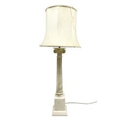 Heavy marble effect alabaster table lamp in the form of an Ionic column, with fabric shade, overall H89cm (a/f)