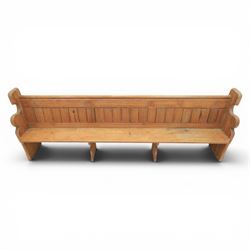 Victorian pitch pine church pew, tongue and groove back with rear shelf, shaped sides and supports 