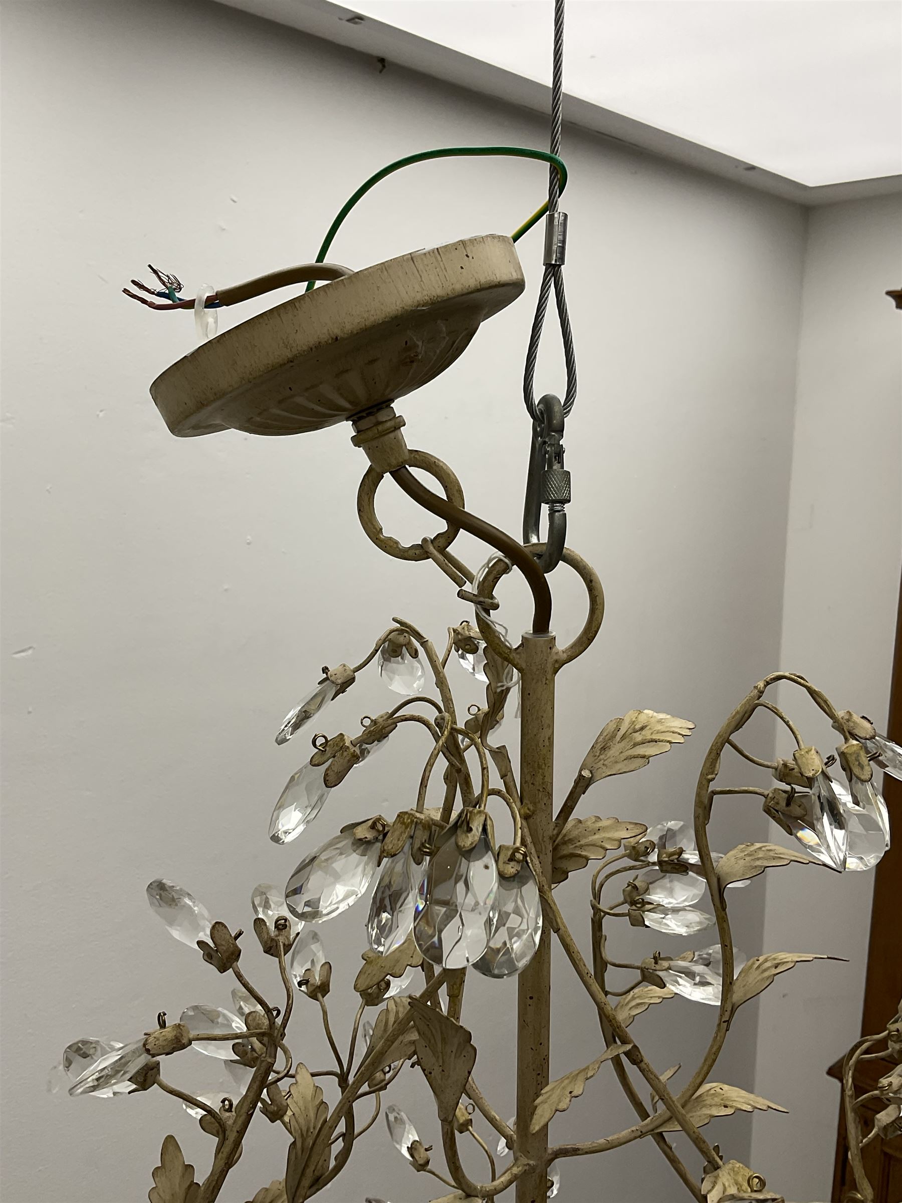 Laura Ashley - eight branch metal chandelier, decorated with trailing leafy branches and glass pendants, in ochre paint finish - ex-display/bankruptcy stock 