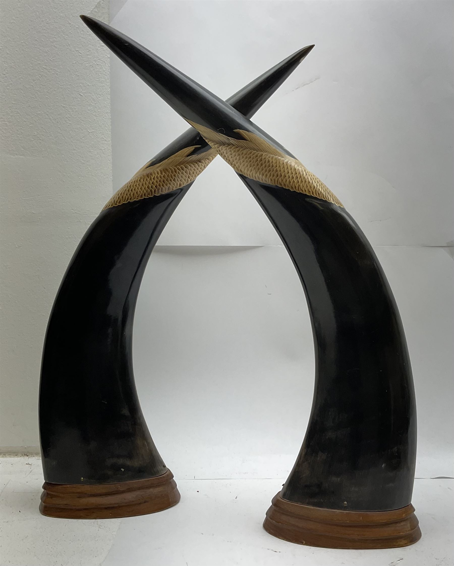 Pair of carved buffalo horns, engraved in low relief with tigers, dragons and birds, upon stepped wooden stands, H42cm