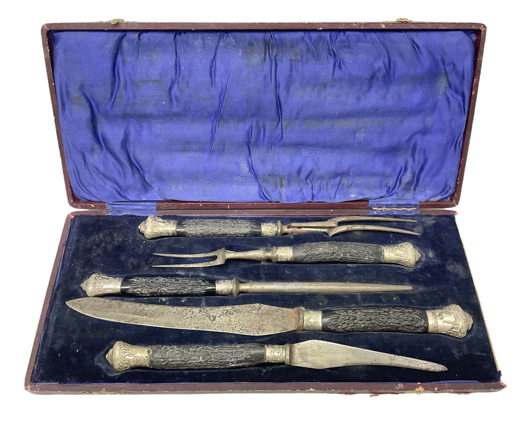 James Deakin & Sons five piece horn handled carving set, in blue velvet lined fitted case, L43cm
