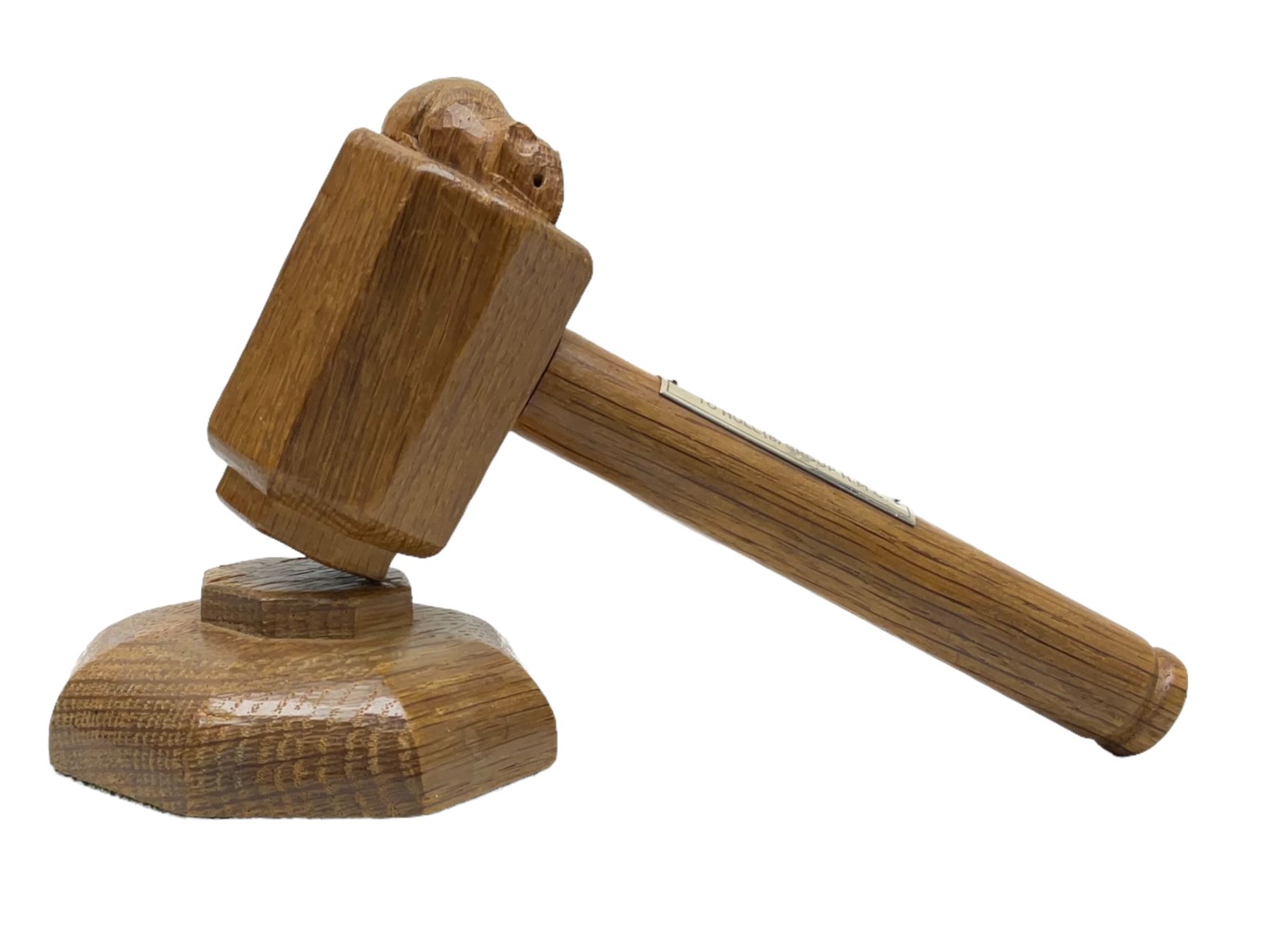 Mouseman - oak gavel and block, the octagonal head with carved mouse signature, the block of octagonal stepped form with baize lined underside, by the workshop of Robert Thompson, Kilburn, L17.5cm