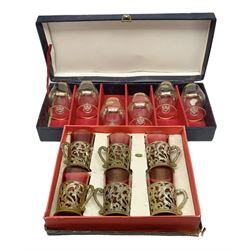 Set of six Murano brandy glasses with gilt rims, together with six italian tumblers