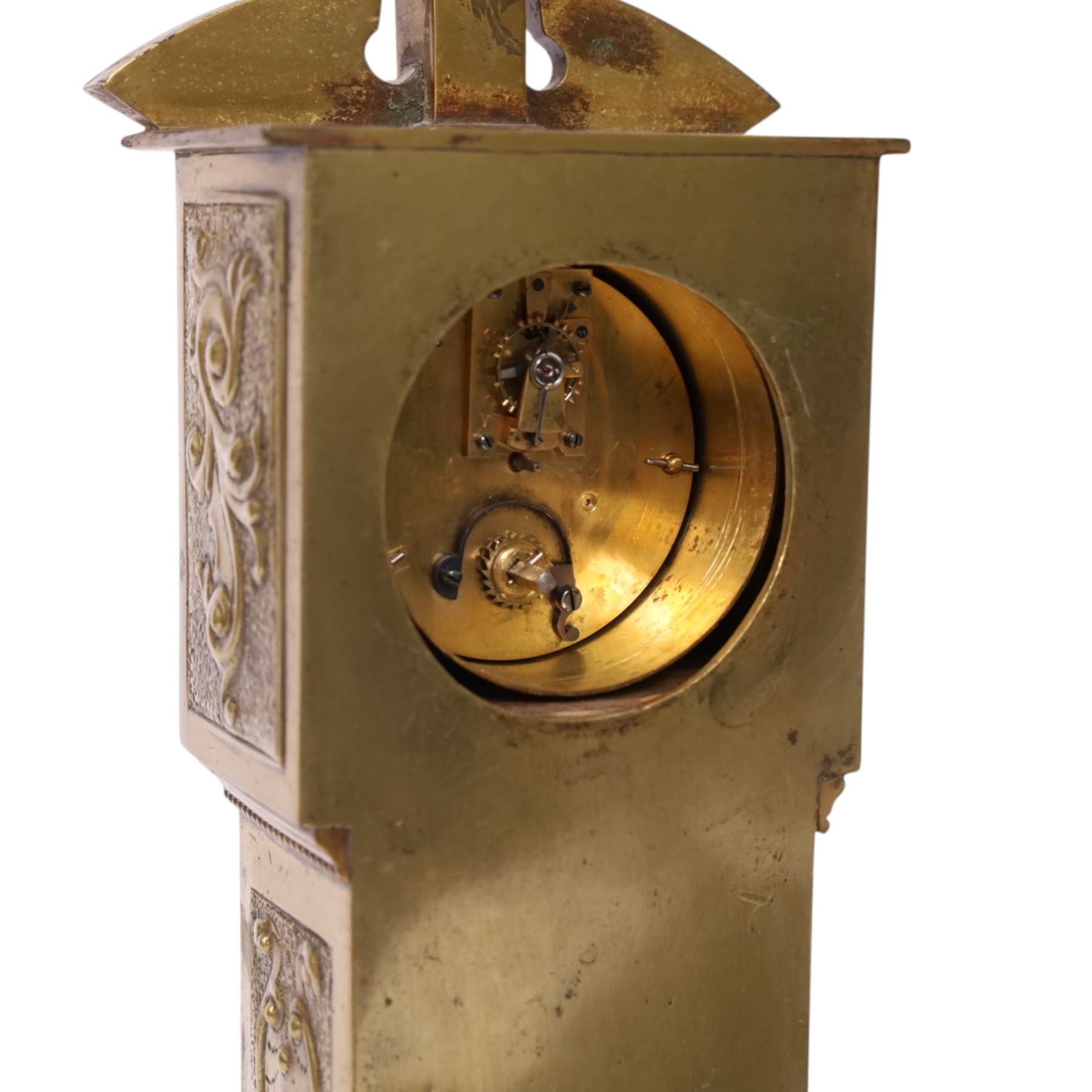 Victorian brass miniature longcase clock, the dial signed MacMichael, 42 South Audley St, London, H45cm