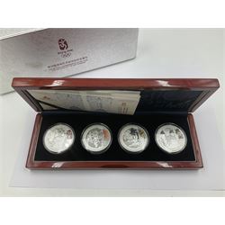 China 2008 Beijing Olympic Games official commemorative silver four coin set, cased with certificates