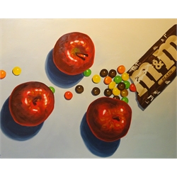  Mike Cronin (American 20th century): 'M&M's and Apples', oil on canvas signed 153cm x 122cm (unframed)  