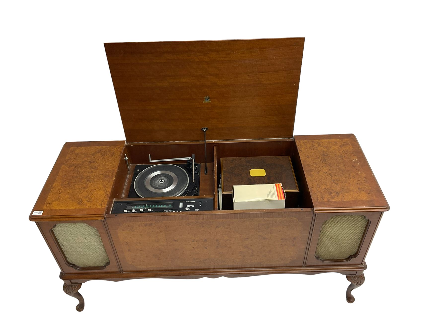 Dynatron - walnut cased radiogram with built in speakers, Dynatron radio and stereo recorder and Garrard turntable on cabriole supports, together with collection of single 45 and LP records