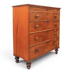 Victorian mahogany chest, with four long  flame mahogany fronted drawers with turned wooden knobs, raised on turned bun feet 