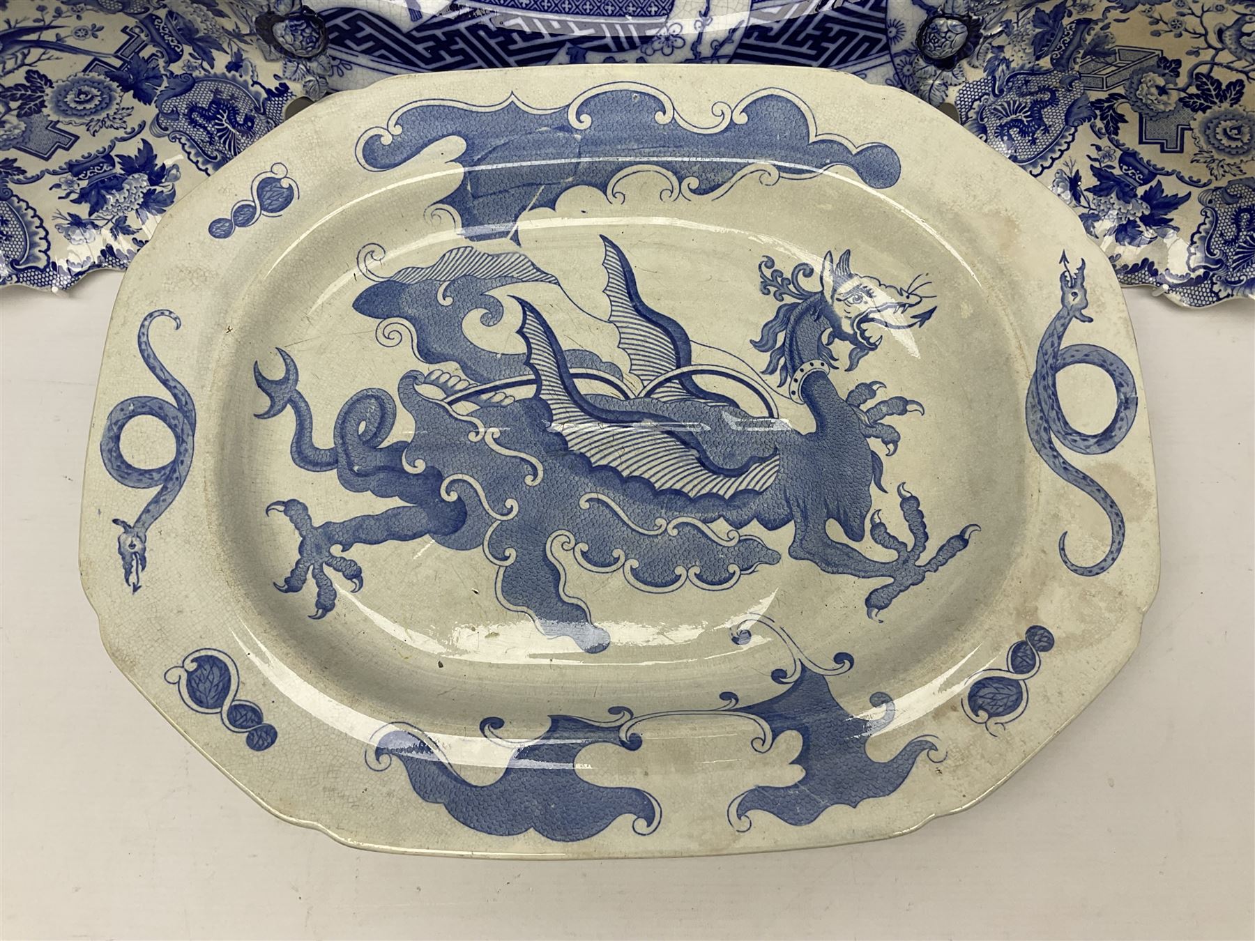 Minton Bombay pattern platter, together with Mason's meat platter, decorated with mythical beast, and two Cauldron Place Opaque China dishes 