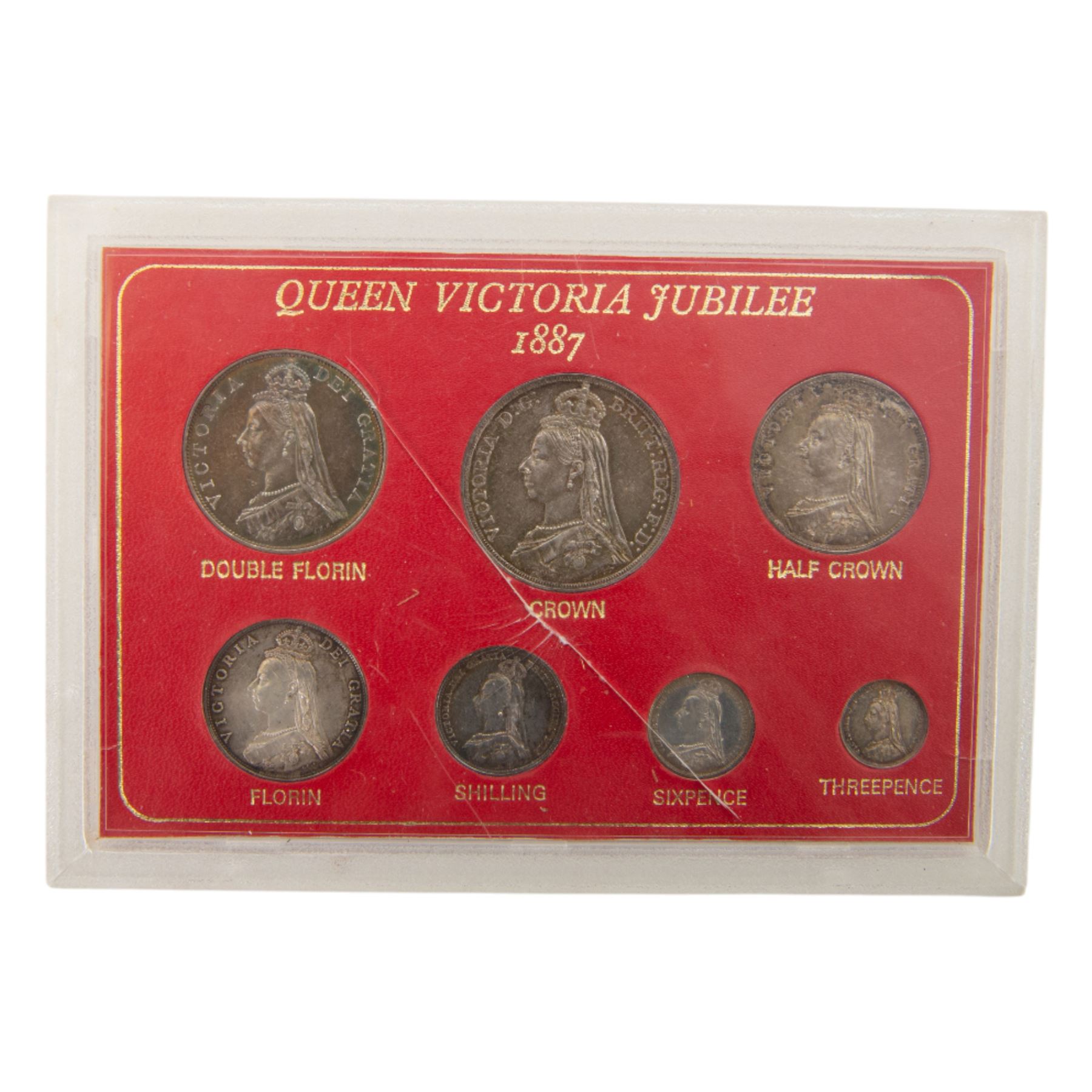 Queen Victoria 1887 specimen coin set, comprising silver threepence, sixpence, shilling, florin, half crown, double florin and crown, housed in modern plastic case