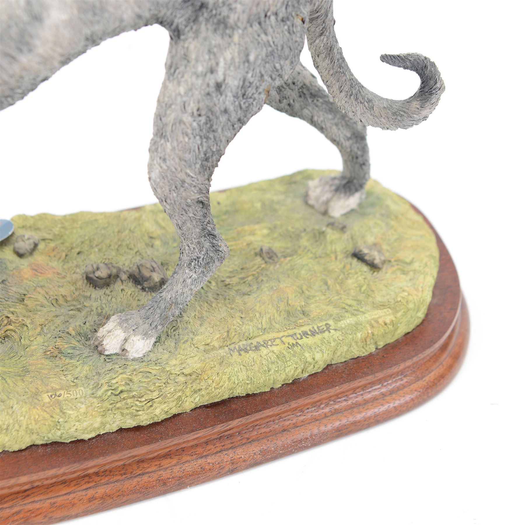 Limited edition Border Fine Arts B1053 Lurcher Grey, no. 106/500, by Margaret Turner, upon oval wooden plinth, H25cm