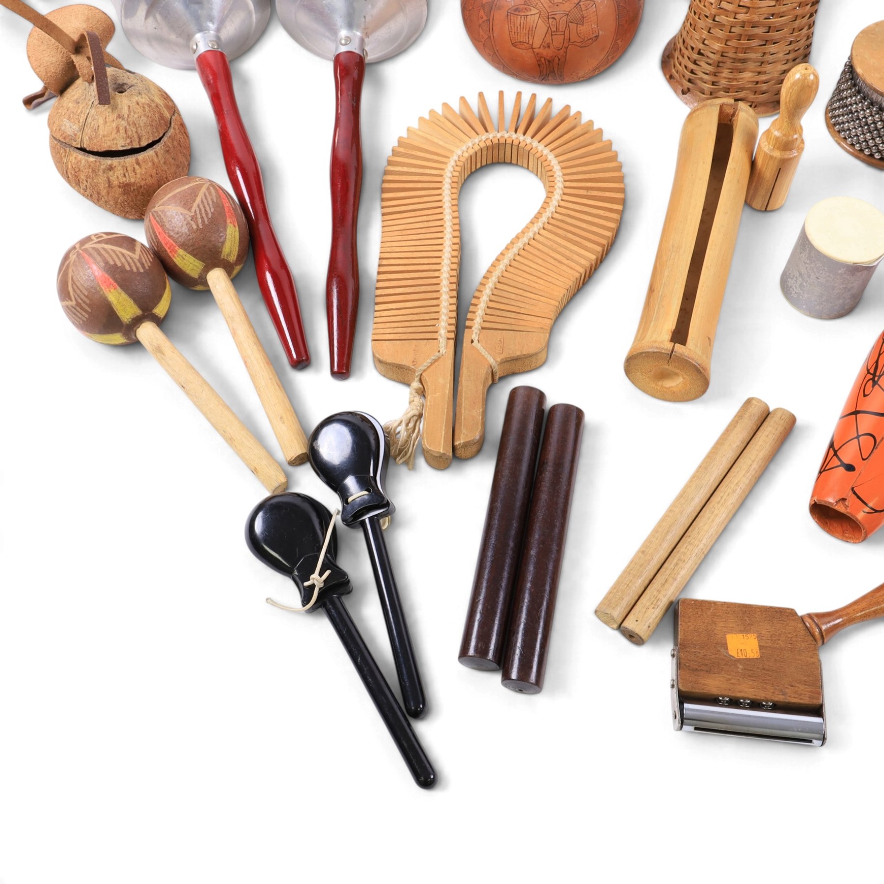 Collection of percussion instruments, including pair of metal maracas, cabasa, shekere, gourd maraca, guiro, wooden maracas, plastic castanets, etc