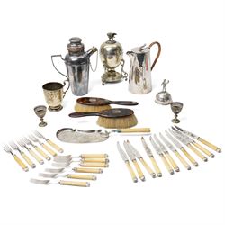 Silver plated egg boiler with bird finial, plated cocktail shaker, plated table bell, pair...