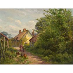 Sidney Valentine Gardner (Staithes Group 1869-1957): Feeding Chickens on a Country Lane, oil on board signed 24cm x 32cm 
Provenance: with T B & R Jordan Fine Art Specialists, Stockton on Tees, label verso