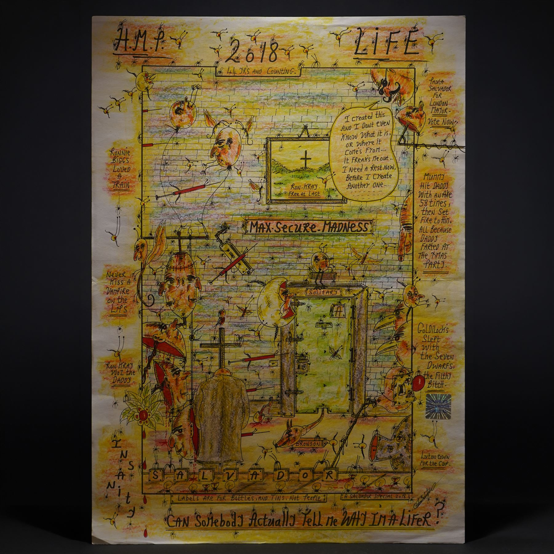 Charles Bronson (Charles Arthur Salvador) (British 1952-): A comprehensive collection of five hundred mixed media works executed between 2000 and 2025. Produced during the artist’s long-term incarceration, the works are primarily in ink, coloured pencil and mixed media on paper. The collection includes multiple formats: A5 (15 works), A4 (308 works), A3 (164 works) and A2 (13 works). Some are signed and dated; a number are executed on the reverse of official prison documents and other repurposed materials, reflecting the limited availability of art materials within the prison environment. This collection represents the largest body of the artist’s work to be offered as a single lot and has not previously been available on the market. (500) (unframed)

Notes: Dated examples span the period from 2000 to 2025, with the greatest concentration produced between 2012 and 2019 and including a group of recent large-scale works from the final years of the period; approximately twenty percent are undated.