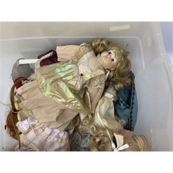 Vintage Paddington bear, with red duffle coat and hat and green Wellington boots, together with a collection of porcelain dolls, paddington H48cm 