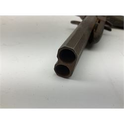 19th century Belgian 9mm side-by-side double barrel pin-fire pocket pistol with 11cm octagonal single block barrel, drop-down triggers and carved walnut stock L22.5cm overall