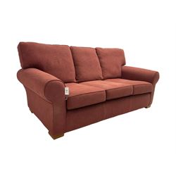 Multiyork - traditional three seat sofa upholstered in claret red fabric (W200cm H80cm); and pair matching armchairs (W103cm) 