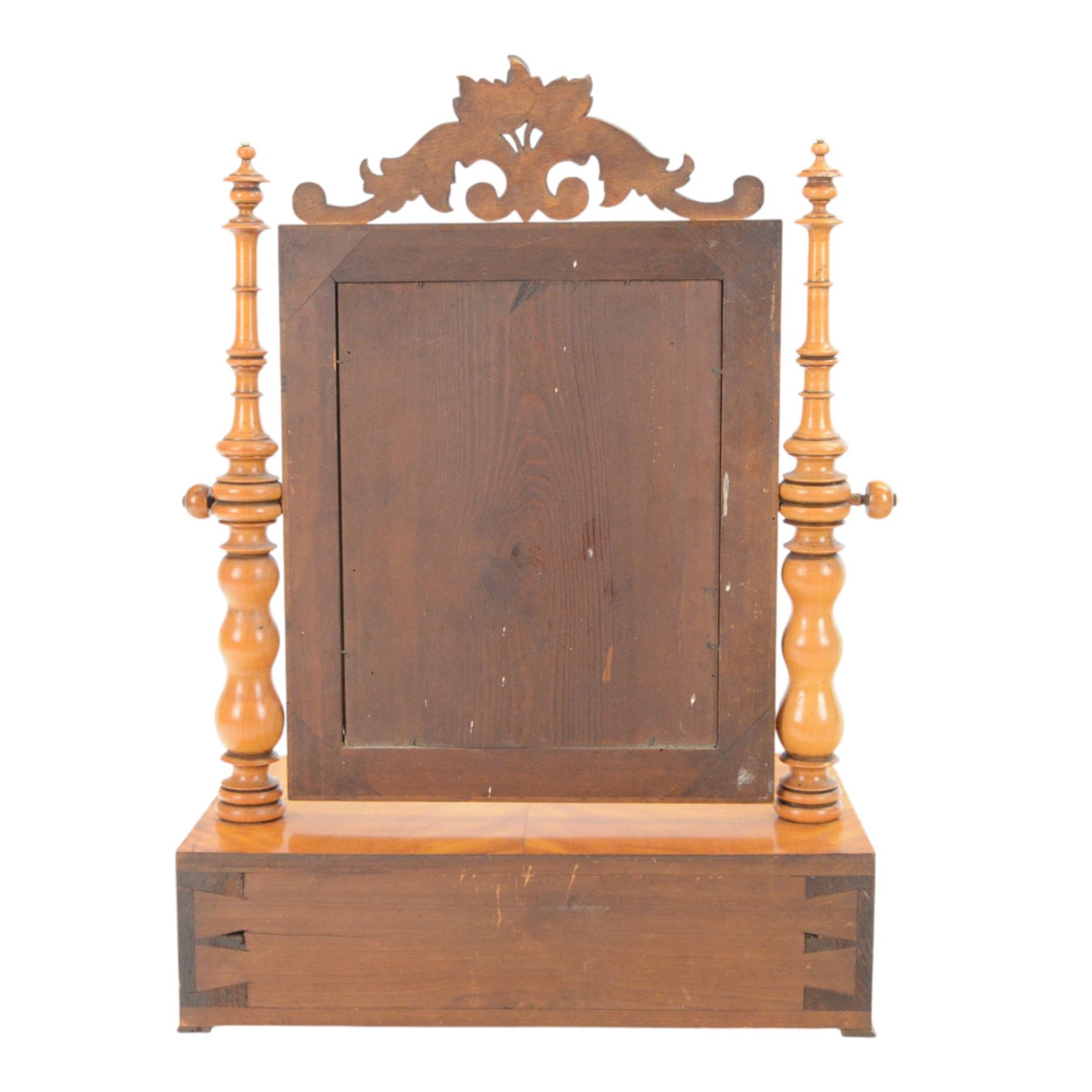 Victorian satinwood dressing table mirror, with carved foliate pediment above rectangular mirror plate, upon base with three drawers, H55cm