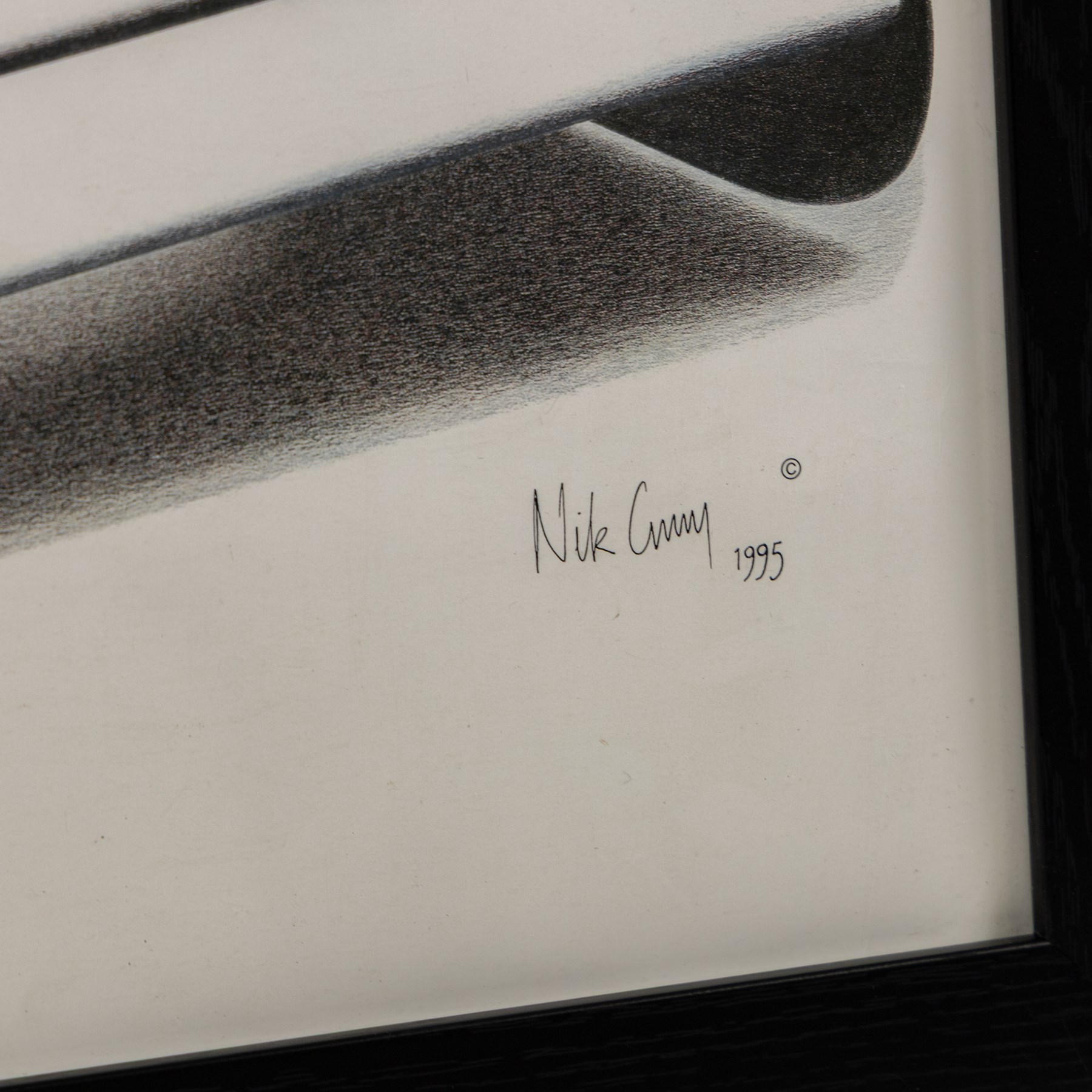 Four Formula 1 racing prints by Nik Curry, all within black frames, largest H38cm, W58cm