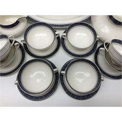 Royal Doulton Sherbrooke pattern part dinner and tea service, to include teapot, ten twin handled soup bowls and saucers, two serving platters, three twin handled covered dishes etc (63)  