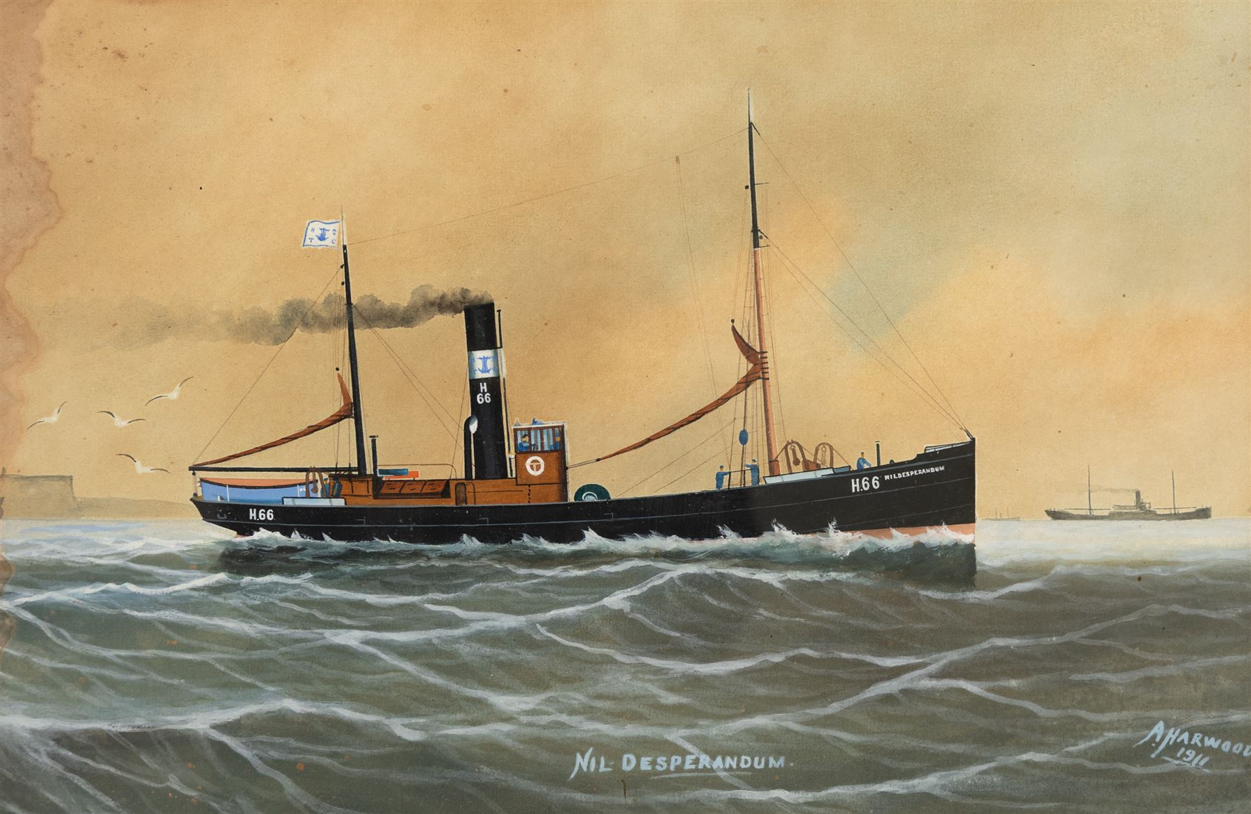 Alexander Harwood (British 1851-1922): H66 Desperandum - Ship's Portrait, watercolour and gouache signed titled and dated 1911, 32cm x 48cm