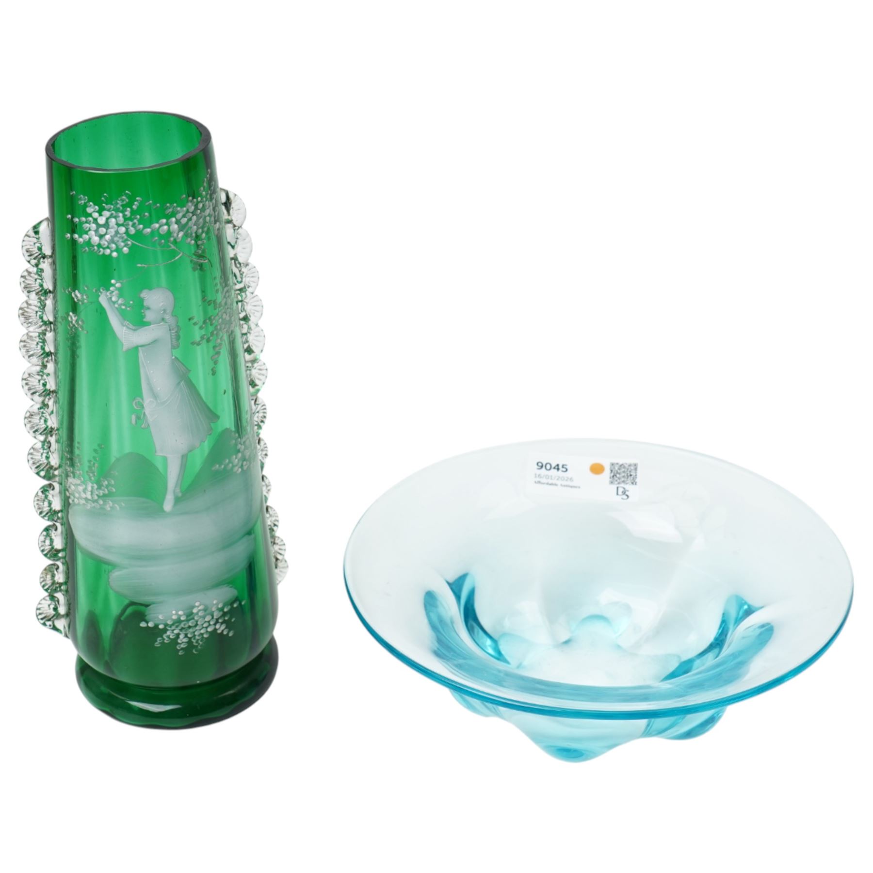 Victorian Mary Gregory style green glass vase, and blue studio glass bowl, D26cm 