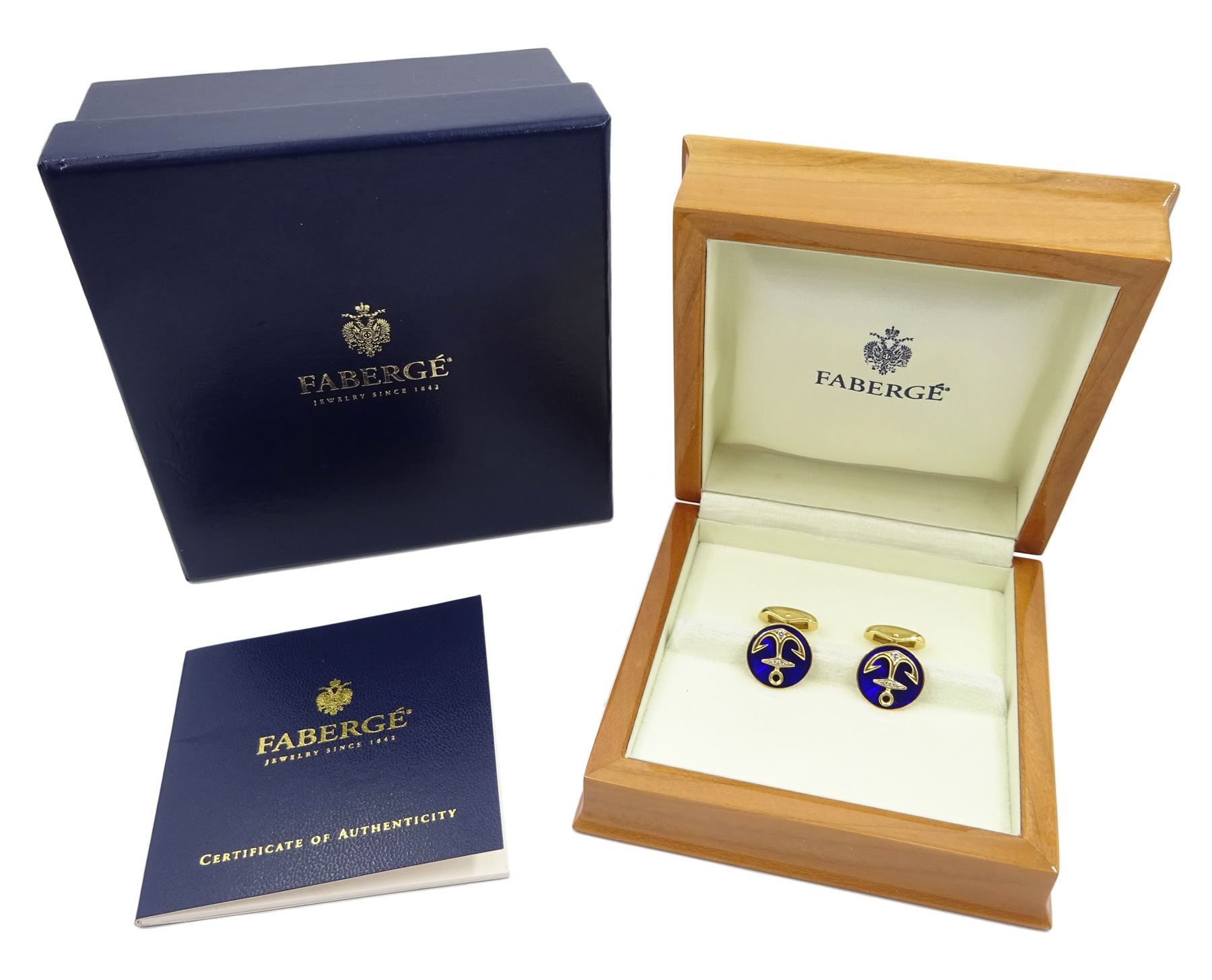 Victor Mayer for Faberge pair of 18ct gold diamond and blue enamel anchor cufflinks, limited edition No.16/1000, stamped 750, boxed with certificate