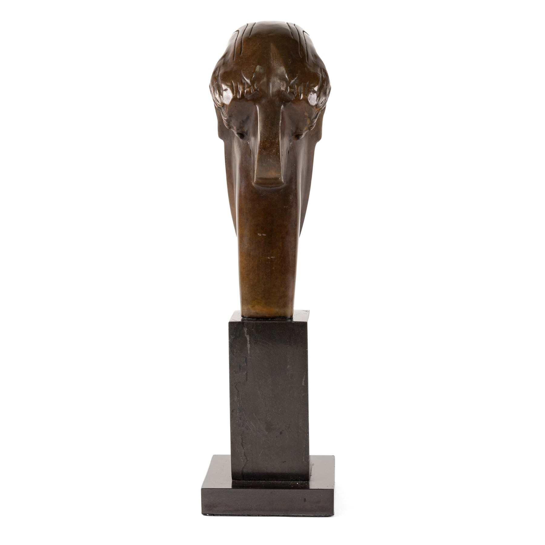 After Amedeo Modigliani - bronze sculpture modelled as a female face, upon a square base, overall H38cm