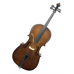 Stentor Student I quarter-size cello with 59.5cm two-piece maple back and ribs and spruce top; bears maker's label with serial no.M076096 L95.5cm overall; in Stentor soft carrying case with bow