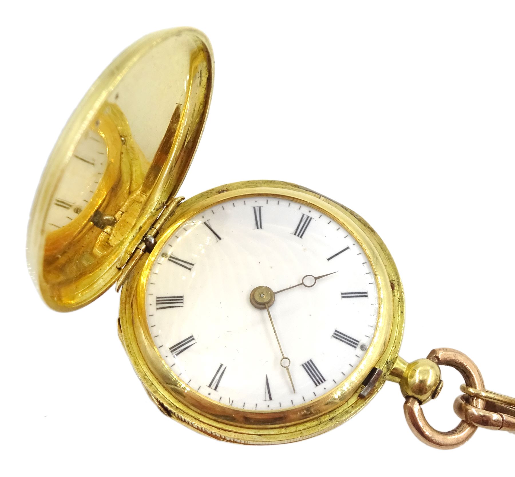 19th century French 18ct gold full hunter key wound cylinder ladies fob watch, the inner dust cover engraved 'Chs Oudin Bte Palais Royal 52 No. 16239..', white enamel dial with Roman numerals, guilloche blue enamel and diamond outer case, eagle hallmark, with gold split seed pearl bow brooch