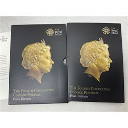 The Royal Mint United Kingdom 2005 proof coin set, with certificate, 2009 'Henry VIII' brilliant uncirculated fine pound coin, 2010 brilliant uncirculated coin collection, 2015 'The Fourth and Fifth Circulating Coinage Portrait Collection', and 'Farewell and Nations of the Crown UK' one pound brilliant uncirculated two coin set, all cased or in card folders