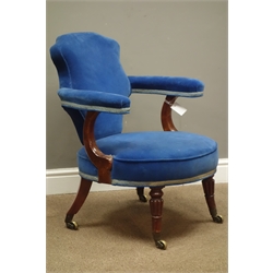  19th century mahogany open armchair, shaped back upholstered in blue, turned angular out splayed supports with brass castors, W58cm  