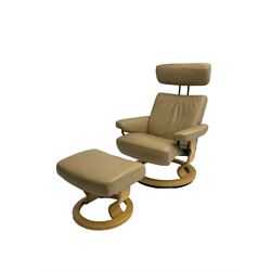 Ekornes Stressless - reclining armchair upholstered in latte leather, with footstool