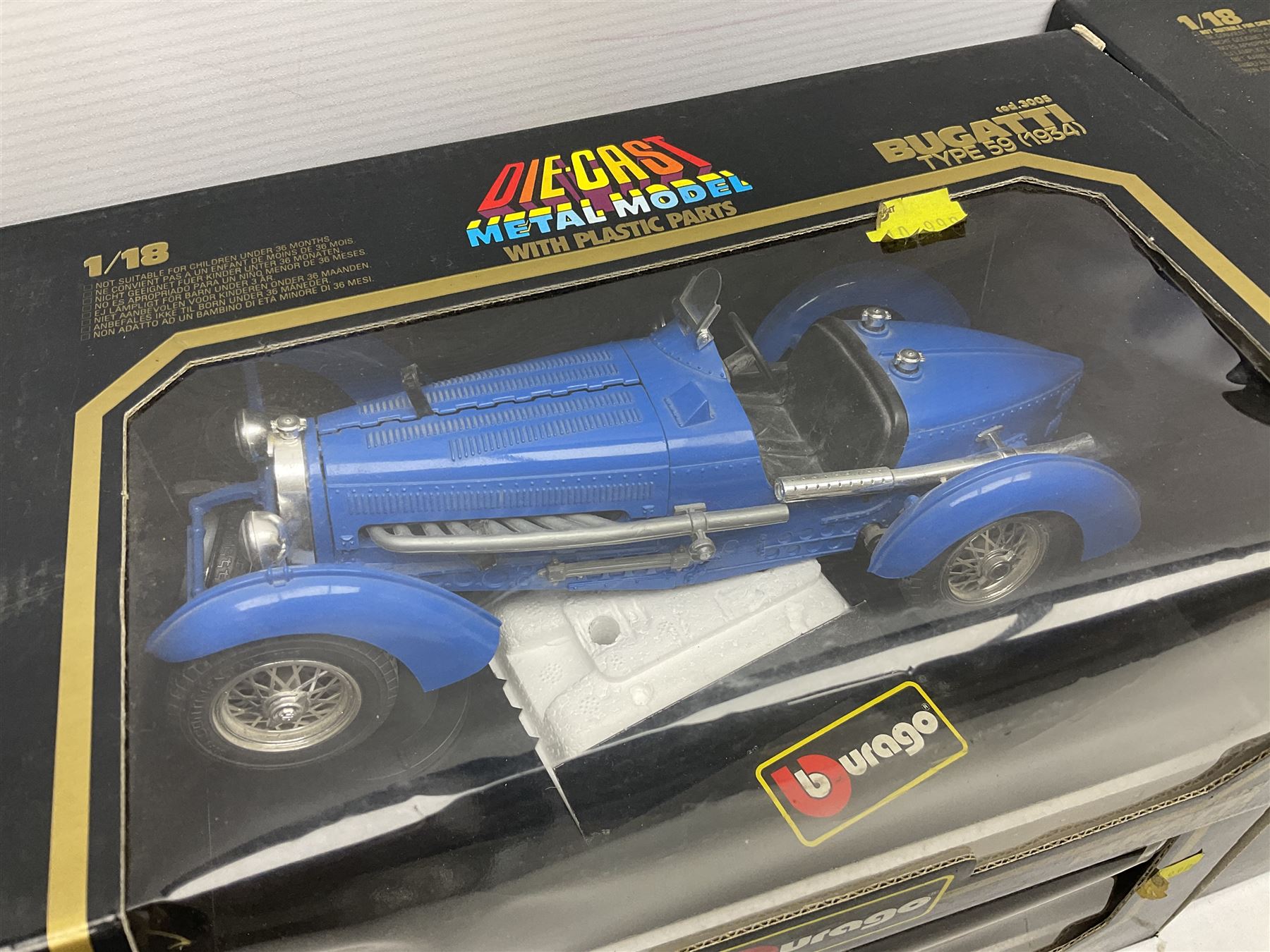 Bburago - seven 1:18/1:20 scale die-cast models comprising Jaguar SS100 (1937), Alfa Romeo 8C 2300 Monza (1931), Alfa Romeo 2300 Spider (1932), Ferrari Testarossa (1984), Bugatti Type 59 (1934), Mercedes Benz 500K Roadster (1936) and Ferrari 250 Testa Rossa (1957); all boxed (7)