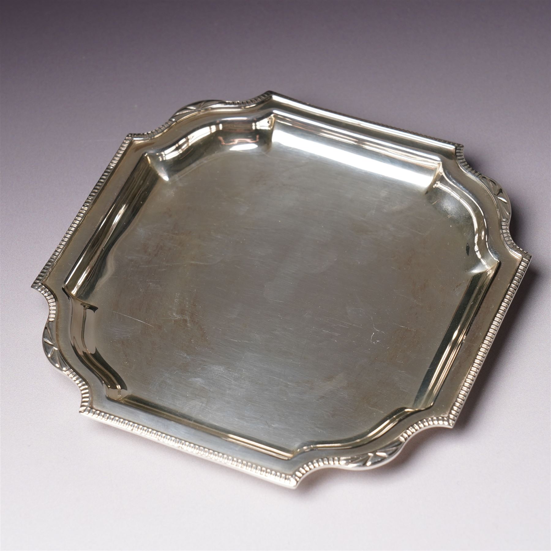 Small square silver salver or card tray with bead edge and indented corners W14cm Sheffield 1935 Maker Stower & Wragg Ltd