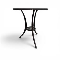Circular cast aluminium garden table and pair of armchairs chairs with lattice backs in a dark grey finish