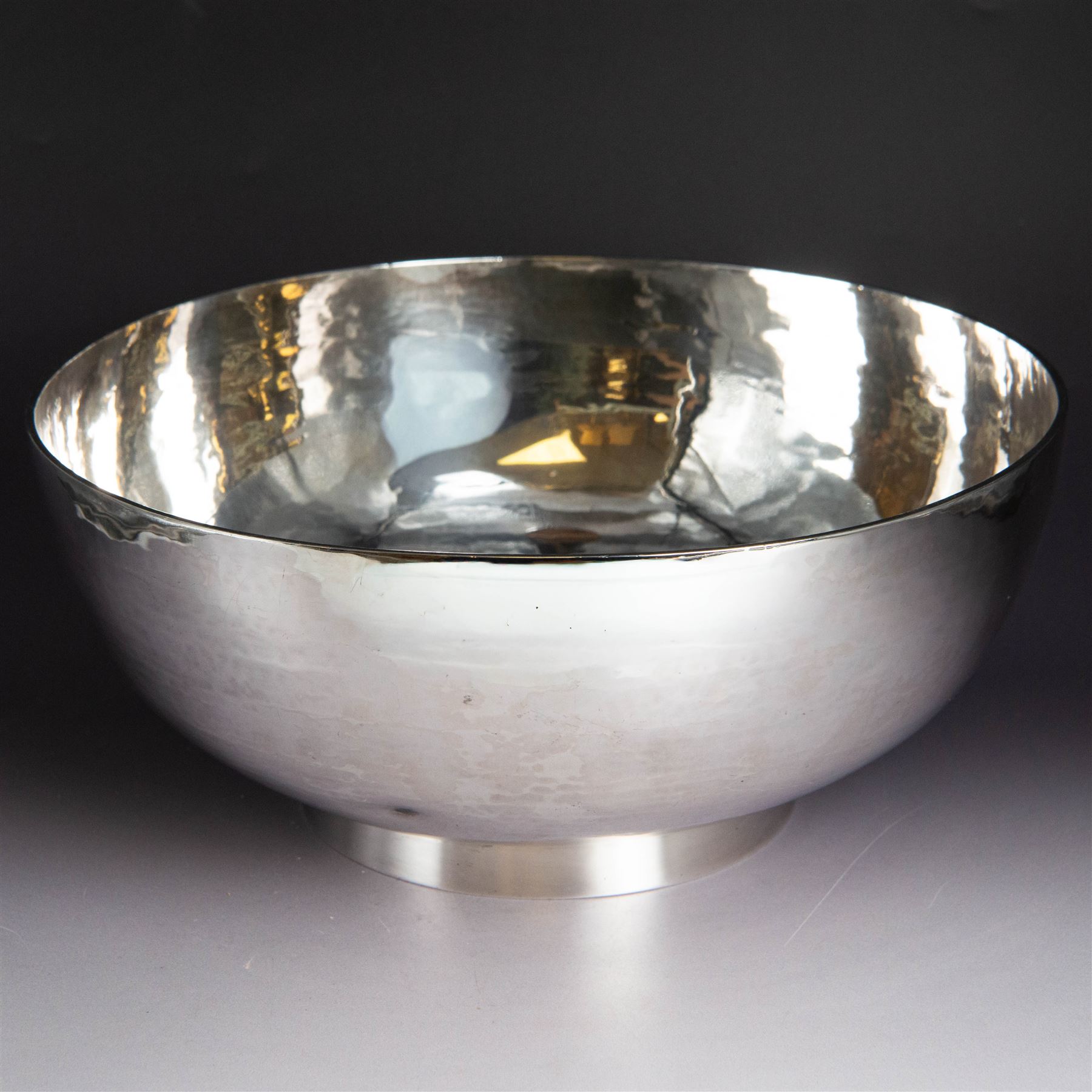 1930s silver bowl, of circular form with planished finish, upon a circular base, hallmarked C J Vander Ltd, London 1938, H12cm, D27cm