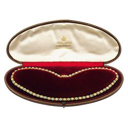 Early 20th century gold split pearl and turquoise necklace, stamped 15ct, in velvet and silk lined box by London & Ryder, New Bond Street