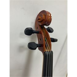 Full size violin with a maple case and ebonised fingerboard and fittings, with bow and hard case Length 60cm