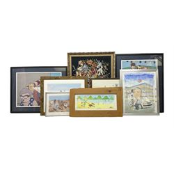 After Pete McKee (British 1966-): Picnic and Going to the Beach, pair colour prints 56cm x 42cm together with cartoon of dogs and five other prints and originals including caricature watercolour of 'Top Tec' (8)