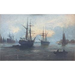 Circle of Edwin Henry Eugene Fletcher (British 1857-1945): Busy Shipping, oil on board signed with initials EF 14cm x 22cm, together with a similar overpainted print 20cm x 14cm (2)