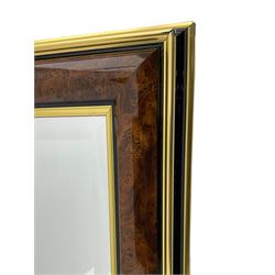 Large rectangular bevelled mirror in walnut finish frame (89cm x 115cm), arched polished pine mirror, and a rectangular polished pine mirror
